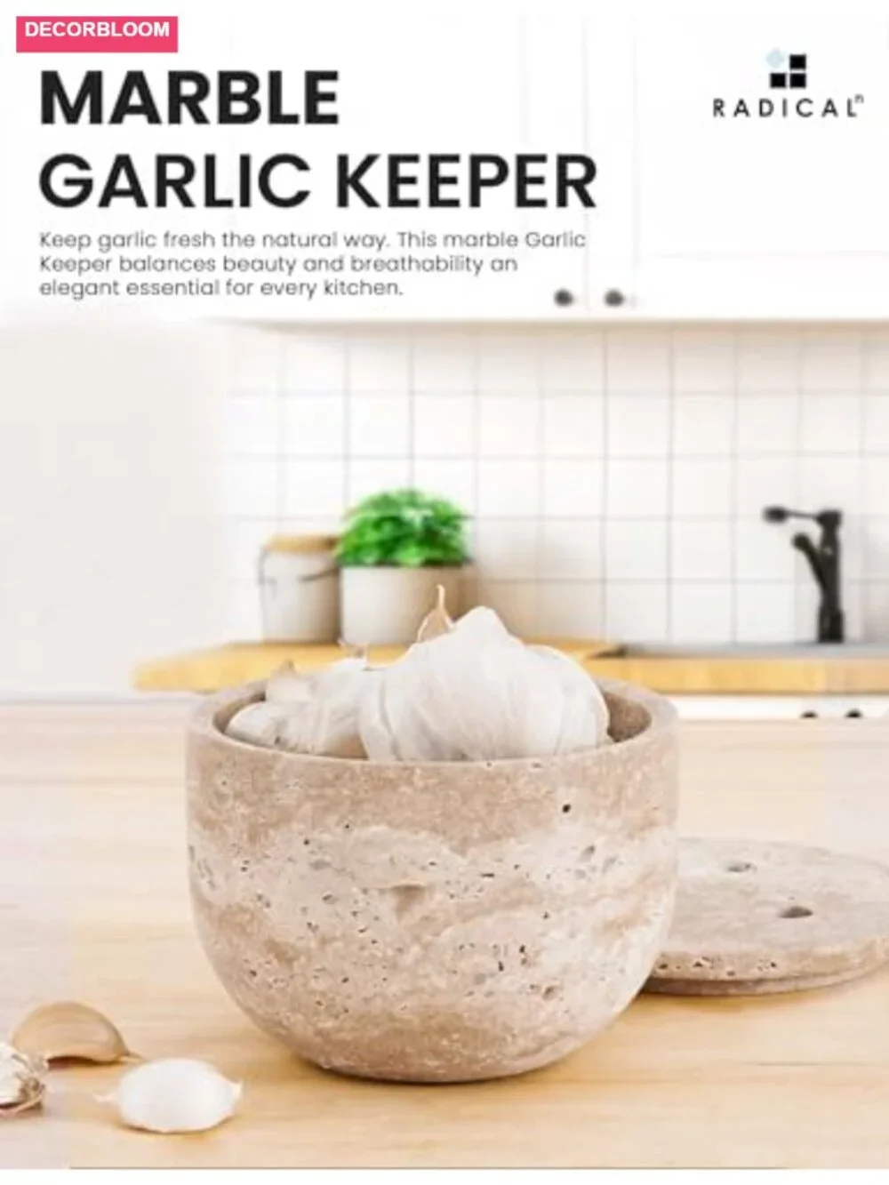 Travertine Marble Garlic Keeper with Lid 4.5 Inch Handmade Stone Container